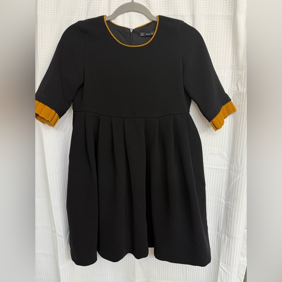 Zara Black Ruffle Gold Trim Sleeve Babydoll Dress - Picture 2 of 6